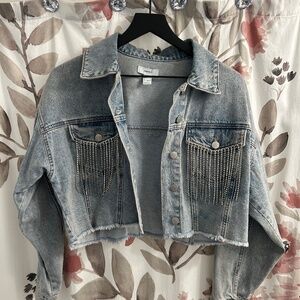 Forever 21 Boxy Cropped Denim Jacket with Bedazzled Fringe